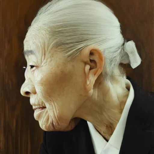 Image similar to portrait of an elderly Japanese woman dressed on a suit and tie, her hair in a tight bun, a serious expression on her face, oil on canvas, elegant pose, masterpiece, Jonathan Yeo painting
