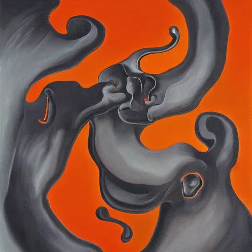 Image similar to An abstract painting of swirling elephants by Salvador Dali, orange and gray color palette