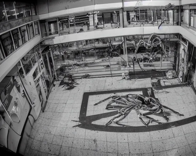 Image similar to camera footage of a gargantuan 15ft spider in an abandoned shopping mall, high exposure, dark, monochrome, camera, grainy, CCTV, security camera footage, timestamp, zoomed in, fish-eye lens, spiders, spider, spider, spider,