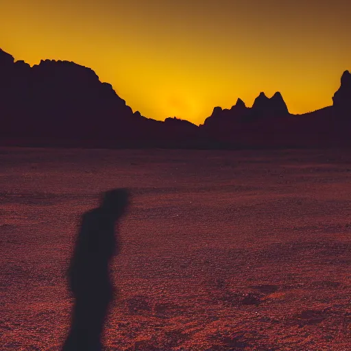 Image similar to a photo of a silhouette of a person in a color lit desert at night