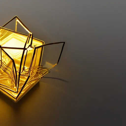 Image similar to a single black cube with shiny golden wire around the cube, pulsing with light from the inside