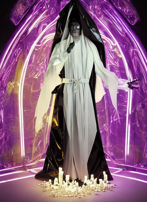 Image similar to photo of fullbodied baroque and bladerunner delicate neon diamond sculpture of seductive onyx albino marble prince zac stenmark dotado mint iridescent humanoid deity wearing black plastic trashbag hooded cloak holding hellfire skull in a onyx alien dungeon, reclining, glowing magenta face, crown of white diamonds, cinematic lighting, photorealistic, octane render 8 k depth of field 3 d