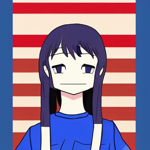 Prompt: a woman in a blue shirt with a american flag on her face, an anime drawing by ei - q, featured on pixiv, superflat, flat colors, commission for, anime