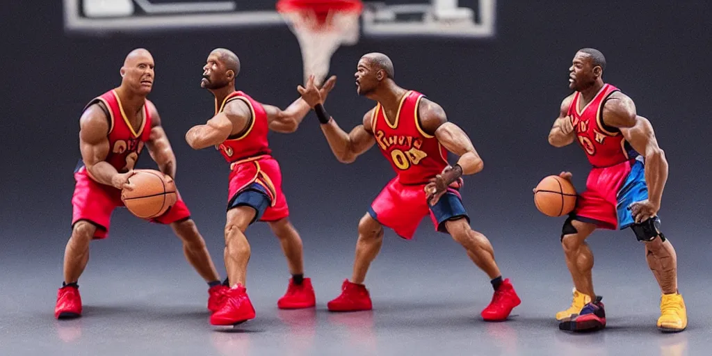 Prompt: wax figurines of Dwayne Johnson and Kevin Hart playing basketball