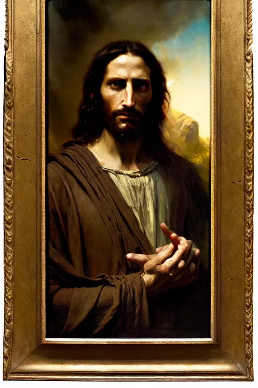 Image similar to photograph imax and solomon joseph solomon and richard schmid and jeremy lipking victorian loose genre loose painting full length portrait painting of jesus