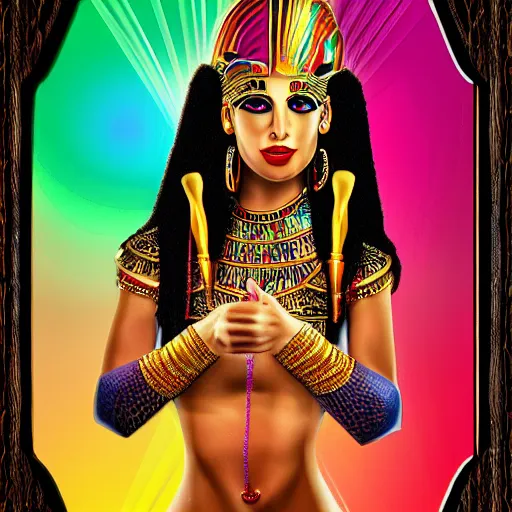 Image similar to fantasy egyptian goddess doing a magic trick, colorful, hyper realistic