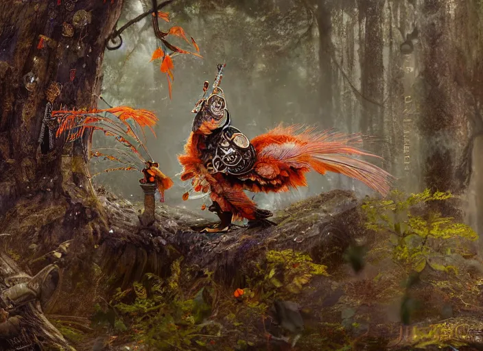 Image similar to ashigaru steampunk - inspired feathered mic, colorful plumage, lacquered armor, cute but determined, hard focus, art station, by jessica rossier and brian froud, cinematic fantasy painting, orange grey white, in a woodland glade