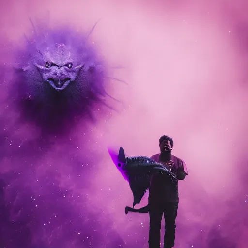 Prompt: anevil and terrifying creature in space in front of a purple nebula, canon eos r 3, f / 1. 4, iso 2 0 0, 1 / 1 6 0 s, 8 k, raw, unedited, symmetrical balance, in - frame