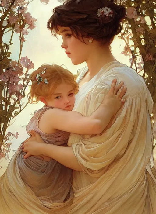 Prompt: a cute little girl with a round cherubic face, blue eyes, and short wavy light brown hair hugging her grandma, an old lady. beautiful painting by artgerm and greg rutkowski and alphonse mucha