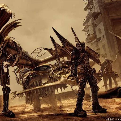 Prompt: warriors on wyverns with steampunk armor flying in a post apocalyptic street inspired by mad max, Oulan-Bator, photorealism 8k , high details