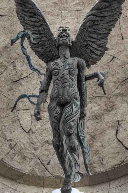 Image similar to epic and dramatic view of quetzalcoatl statue made in albeta marble showing cracks in his full body, realistic and ultra detailed, 8 k