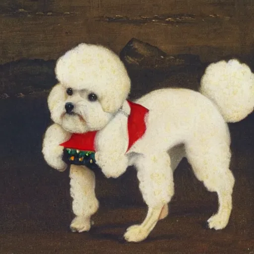 Image similar to bichon frise dog wearing a jester costume while standing on hind legs, medieval painting