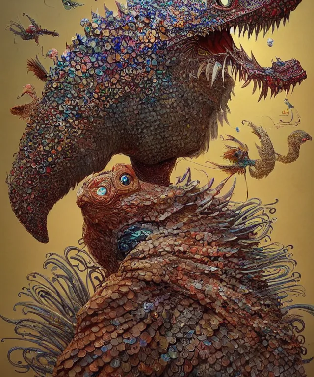 Prompt: a creature covered in scales and feathers spitting acid, fantasy, elegant, digital painting, artstation, concept art, matte, sharp focus, illustration, art by geof darrow and justin gerard