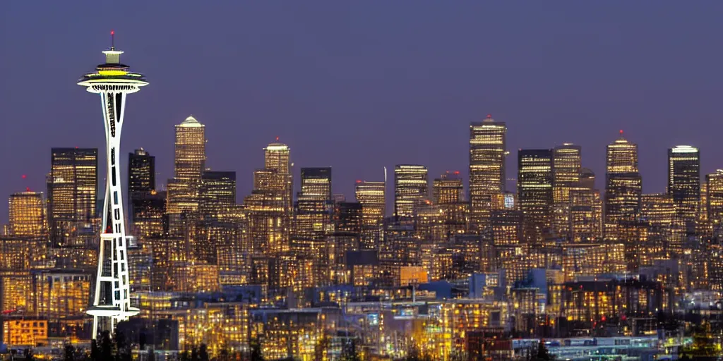 Image similar to downtown Seattle at night, including The Space Needle, 4k, by VanGogh