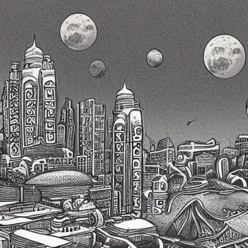 Image similar to a beautiful highly detailed rendering of a lunar eclipse city