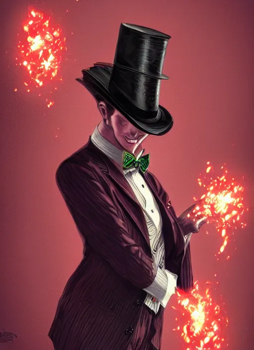 Image similar to a highly detailed illustration of stylish top hat wearing red haired attractive man, wearing suit vest, flashy card trick pose, intricate, elegant, highly detailed, centered, digital painting, artstation, concept art, smooth, sharp focus, league of legends concept art, WLOP