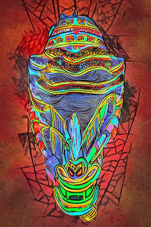 Image similar to totem animal tribal chaman vodoo mask feather gemstone plant video game illustration vivid colorful borderlands and by feng zhu radiating a glowing aura