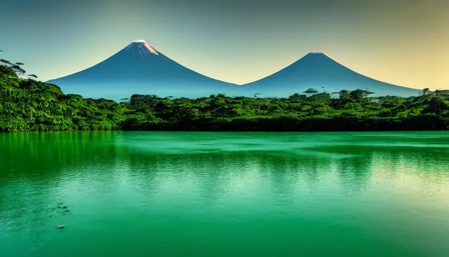 Image similar to a beautiful green scene, guatemalan lake full of bright blue water, volcano in background, high definition, beautiful award winning photography, 8 k.