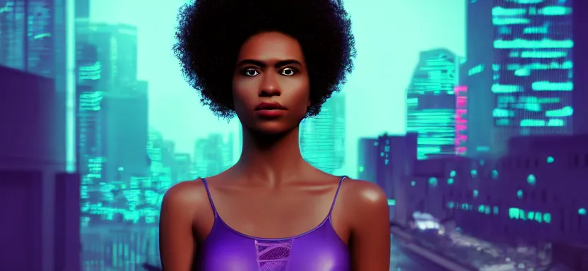 Prompt: portrait of a beautiful black woman with afro hair, cyberpunk rio de janeiro background, digital art, trending on artstation, global illumination, backlit, purple and blue, corcovado on the background