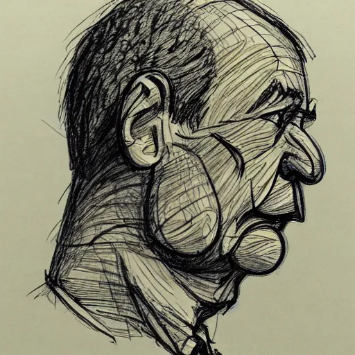 Image similar to a realistic yet scraggly portrait sketch of the side profile of a stern and sophisticated eustace bagge, trending on artstation, intricate details, in the style of frank auerbach, in the style of sergio aragones, in the style of martin ansin, in the style of david aja, in the style of mattias adolfsson