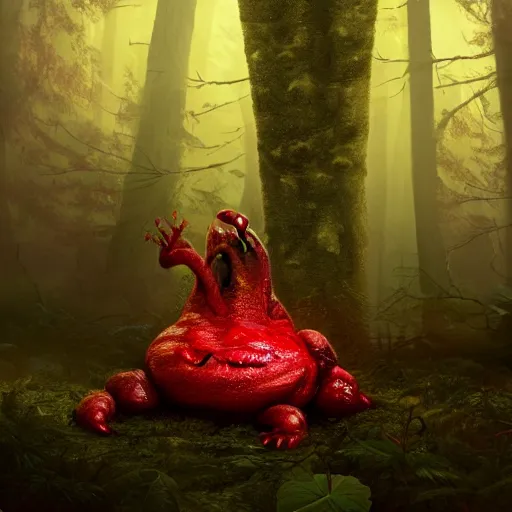 Image similar to giant evil monsterous slimy toad in the dark forest, glowing red eyes, slimy toads, dark night, midnight, foggy, atmospheric, highly detailed, hyperrealistic, gothic horror, trending on artstation, digital art, dark fantasy