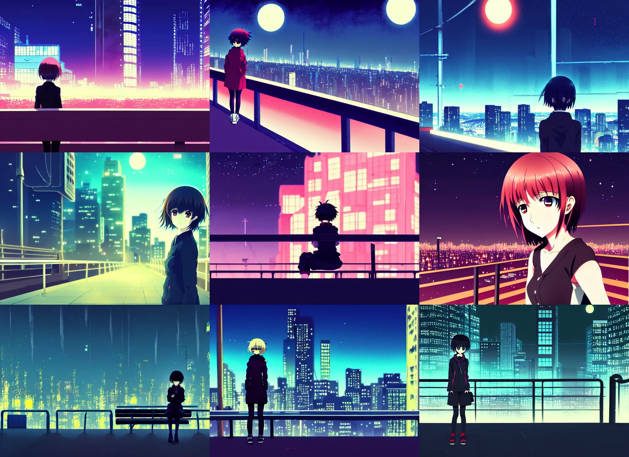 Prompt: anime frames, anime visual, portrait of a young female traveler sight seeing above the city exterior at night, bench, guardrails, very low light, cute face by ilya kuvshinov and, psycho pass, kyoani, dynamic pose, dynamic perspective, strong silhouette, anime cels, rounded eyes, yoshinari yoh
