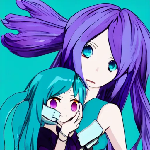 Image similar to hatsune miku eating small boy with back hair and blue purple eye, anime style