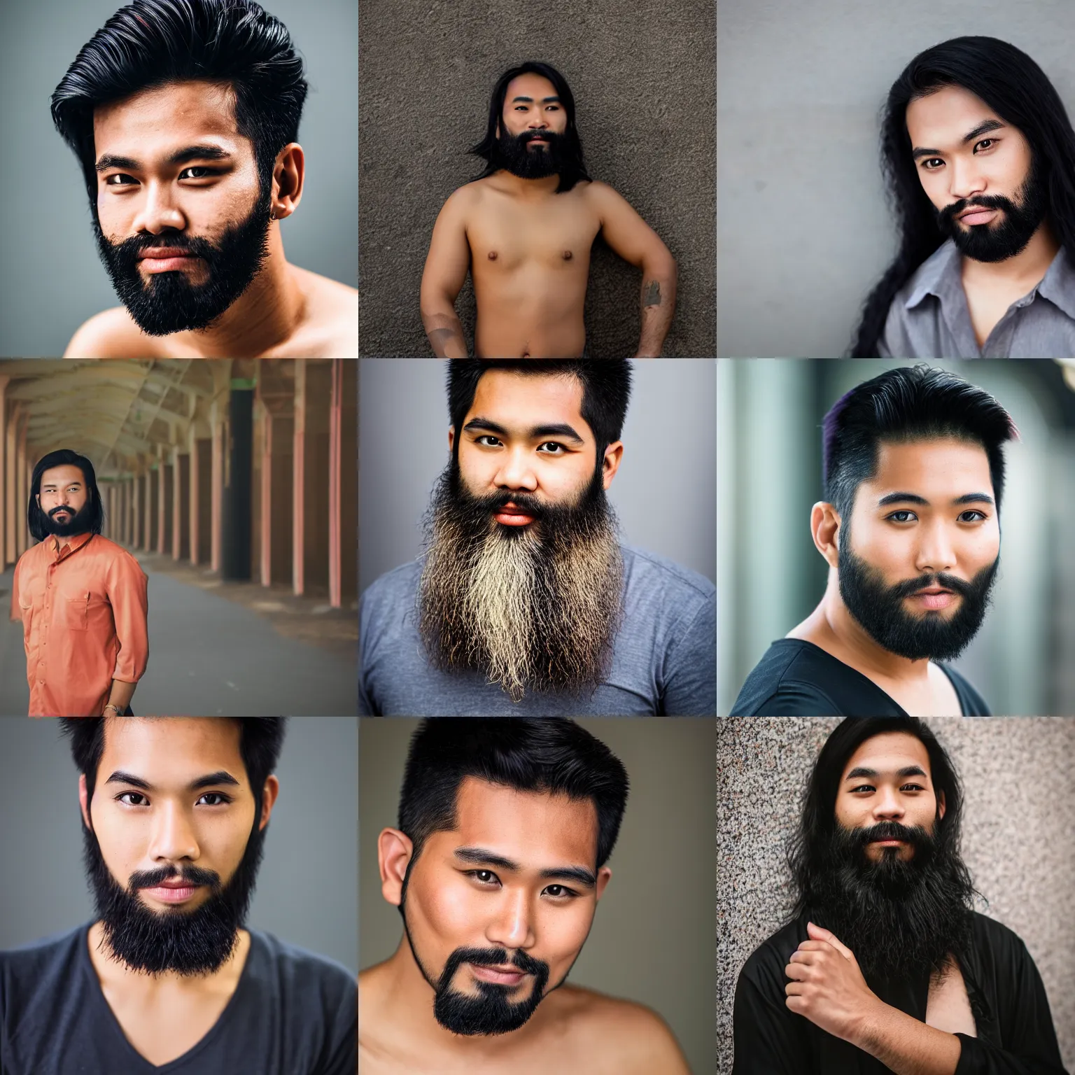 Prompt: a very handsome malaysian guy with long black hair and a beard, sigma 8 5 mm, high quality, portrait photography