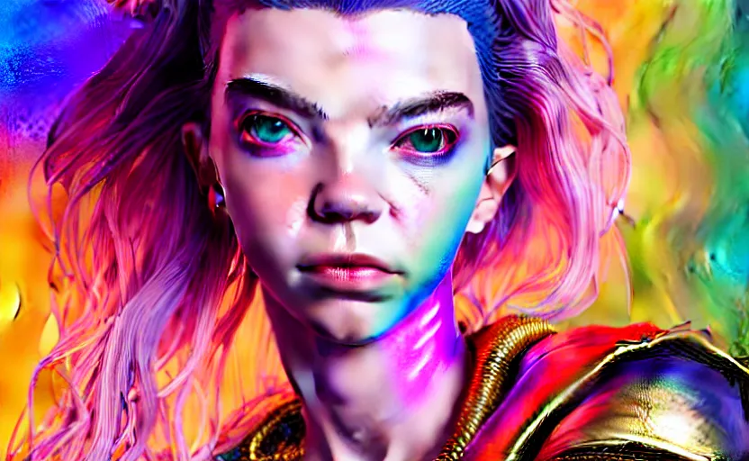 Image similar to hyperdetailed portrait of a stunningly beautiful cyberpunk cutie anya taylor joy made of iridescent metals and shiny pink gems, bright rainbow nimbus, gold necklace, gold background inspired by ross tran and masamune shirow and kuvshinov, intricate, photorealistic, octane render, rtx, hdr, unreal engine, dnd digital art by artgerm