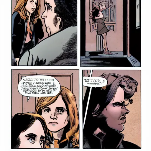 Image similar to in the style of Rafael Albuquerque comic art, Emma Watson reprises her role as Hermione Granger.