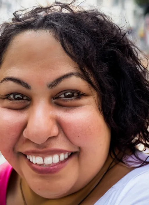 Image similar to close up portrait of a beautiful, chubby, 30-year-old Cuban woman, happy, candid street portrait in the style of Martin Schoeller, award winning, Sony a7R