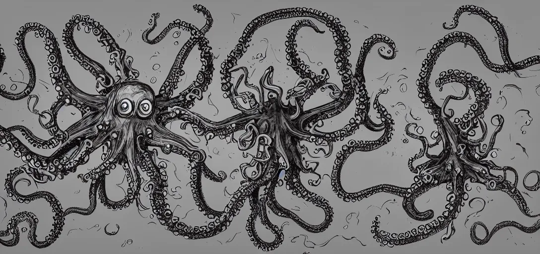 Image similar to concept art of octopus attack, lovecraftian, lots of teeth, melting horror, fighting the horrors of the unknown with laser guns