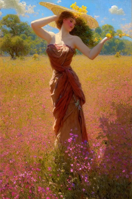 Image similar to attractive woman in flower field, painting by gaston bussiere, craig mullins, j. c. leyendecker, ghibli style