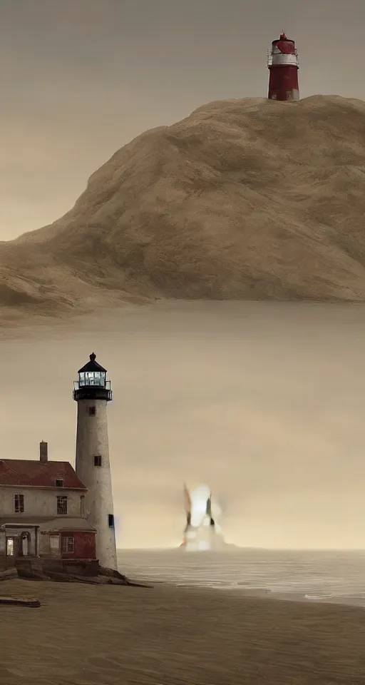 Prompt: wide - shot of lighthouse on the sand seashore, misty background, from the game pathologic 2, highly detailed, sharp focus, matte painting, by isaac levitan and asher brown durand,