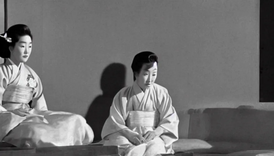 Image similar to a filmstill of a woman in a hanbok sitting on a couch, traditional korean interior, kaiju starfish shadow behind a screen door, 1950s Korean film noir