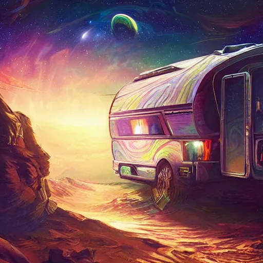 Image similar to a painting of an RV in a cosmic scenic environment by Android Jones, trending on Artstation, nebula, stars, planets, hyperdetailed