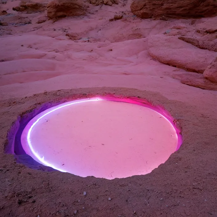 Prompt: a luminous pink and purple colored circular stargate in the dessert through which an ocean is visible