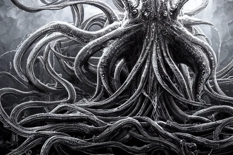 Prompt: old god eldritch horror terrifying the deep abyss of the ocean floor, epic scene, underwater photography, hyper - detailed, gigantic cthulhu, swarm of tentacles, dark art, digital art, epic composition