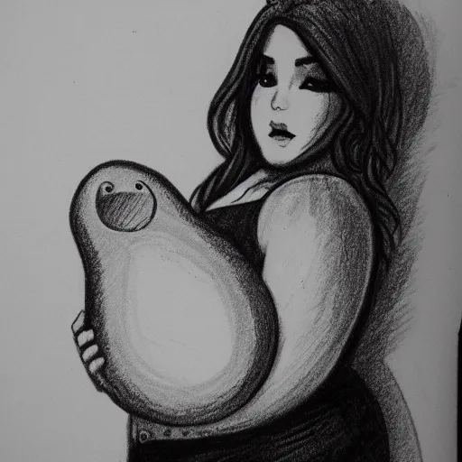 Prompt: pencil sketch of thicc goth girl with an avocado for a head