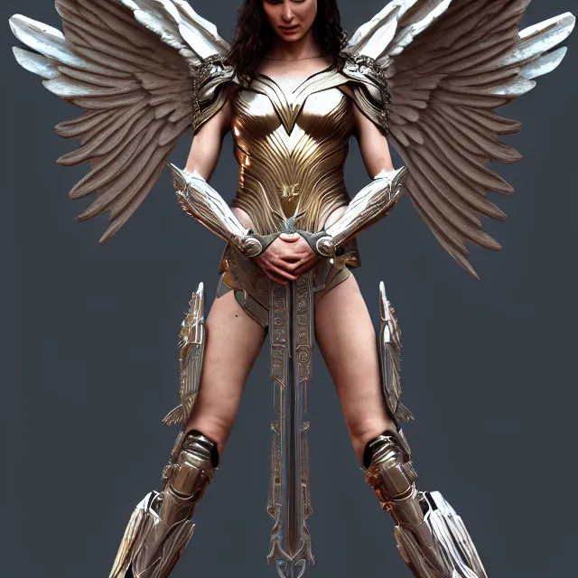 Image similar to beautiful angel warrior queen gal gadot in futuristic seraphim angelic intricate body sculpted cosmic armor and flowey ornate robes, highly detailed, 8 k, hdr, award - winning, trending on artstation, ann stokes