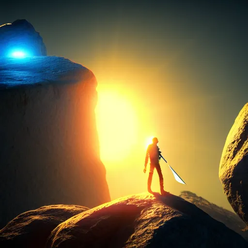 Image similar to sword standing on a glowing rock, distant planet in background, fog, glow, sharp, 4 k, lens flare, highly detailed digital art, trending on artstation