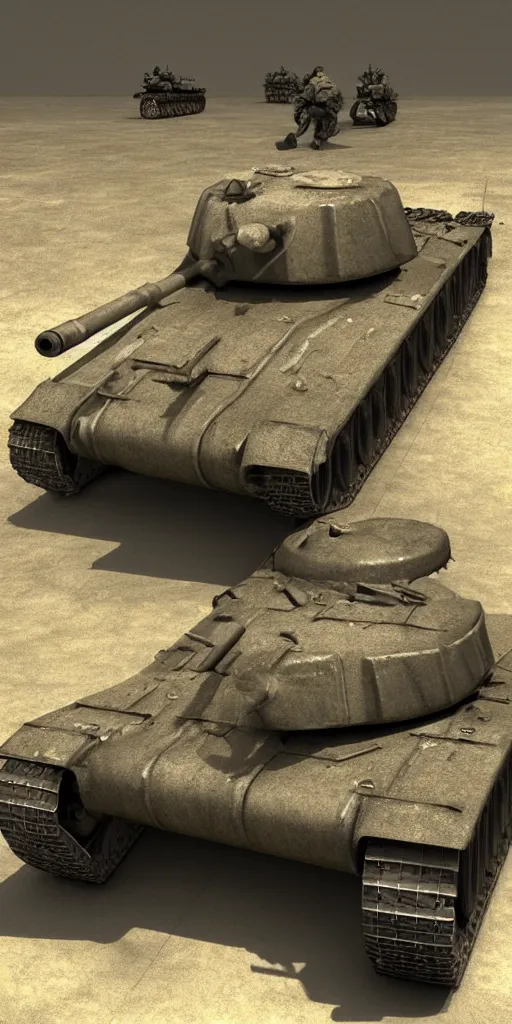 Image similar to world war 2 tank, soldiers running away, hyperdetailed, photorealistic, 3 d render