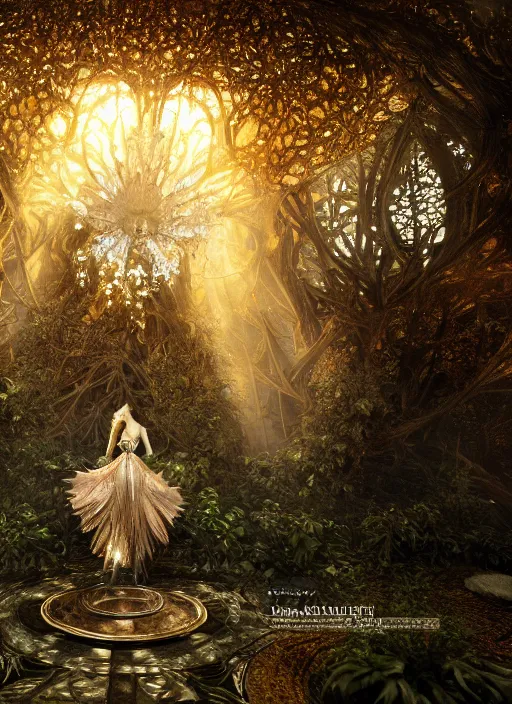 Image similar to beauteous sumptuous, gothic full body elegant pose, crystalline masterpiece incrustations, by victoria frances, hyperdetailed metalwork, movie still, intricate, octane render, cinematic forest lighting, unreal engine, crepuscular rays, god rays