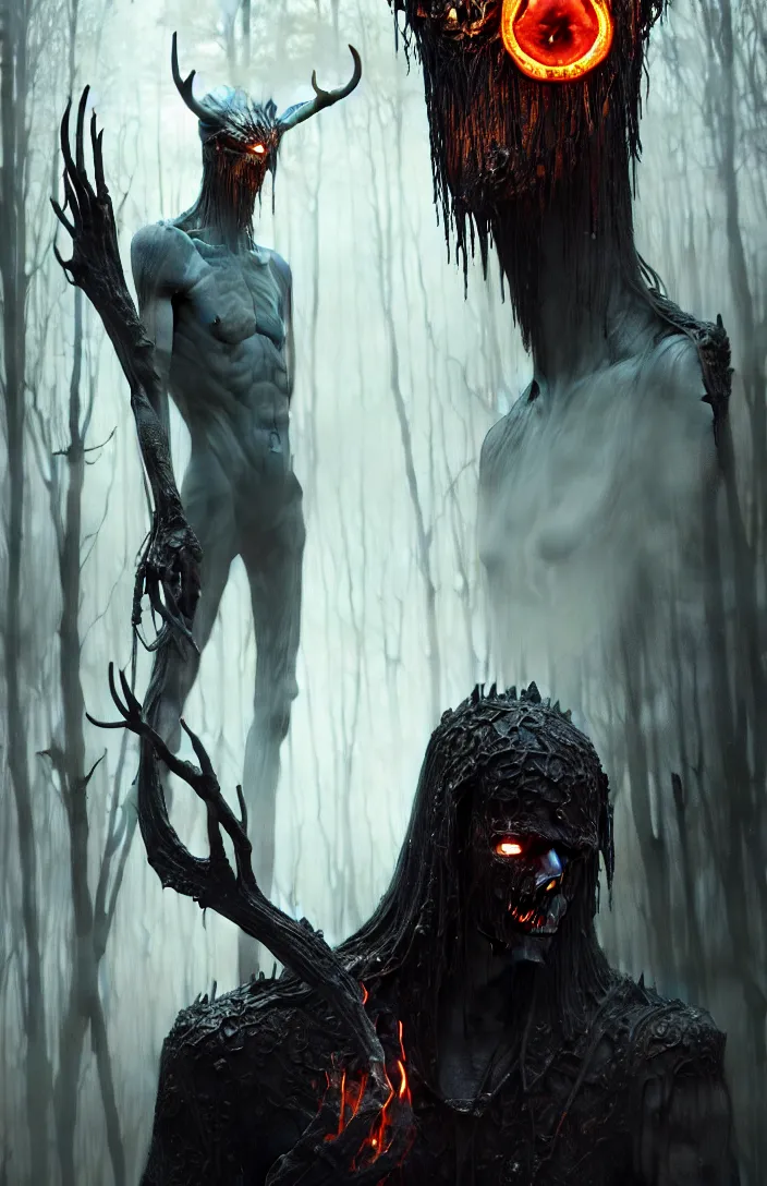 Image similar to translucent Wendigo with flaming eyes, veiled in mist, heroic lighting, dark fantasy, intricate, elegant, highly detailed, lifelike, photorealistic, digital painting, artstation, illustration, concept art, smooth, sharp focus, art by John Collier and Albert Aublet and Krenz Cushart and Artem Demura and Alphonse Mucha