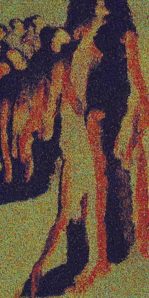 Image similar to a film still of suspiria by dario argento 1 9 7 7 movie, painted by georges seurat, impressionism, points, pointillism, high quality