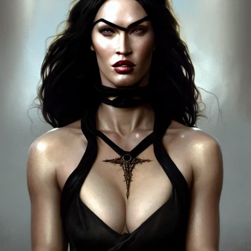 Image similar to portrait of megan fox, muscular upper body, collar, blindfold, greek, jewelry, black dress, fantasy, intricate, elegant, highly detailed, digital painting, artstation, concept art, matte, sharp focus, illustration, art by aenaluck and roberto ferri and greg rutkowski, epic fantasy, digital painting