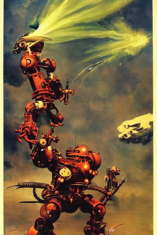 Prompt: a betta fish fighter robot by Frank Frazetta