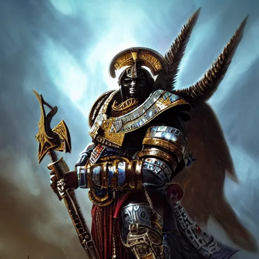 Image similar to horus from warhammer fantasy character portrait, ultra realistic, wide angle, intricate details, artifacts, luminous skies, highly detailed, highly detailed, cinematic lighting, unreal, natural tpose