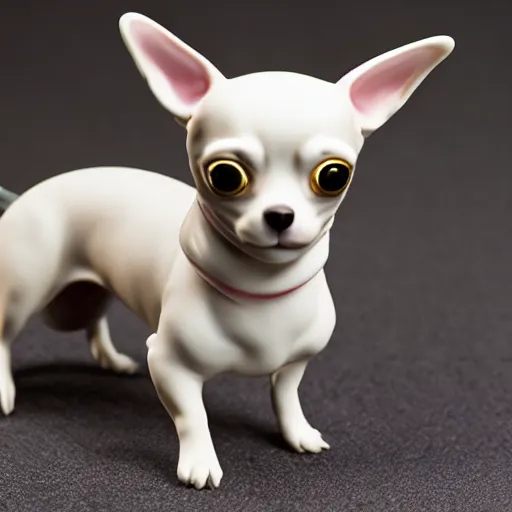 Image similar to A porcelain model of a chihuahua painted in an Emma Bridgewater pattern, sculpture, photograph, studio lighting, product photography, advertising photography, pottery, figurine, octane render –H 768