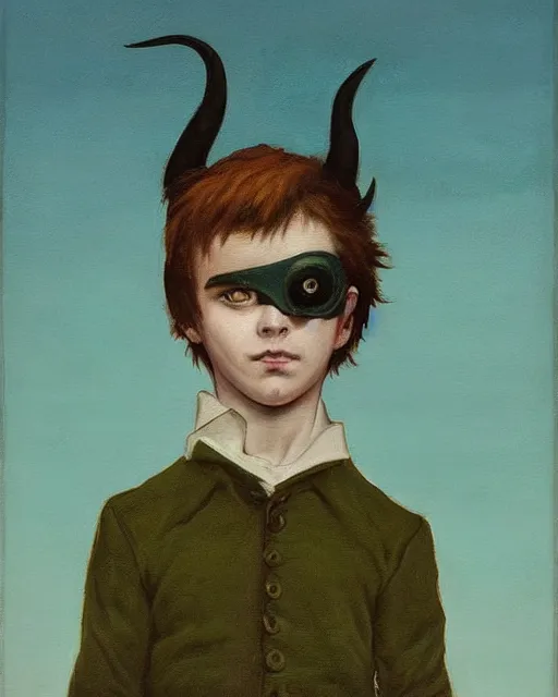 Prompt: a contemporary painting of a portrait of a boy with mintgreen hair and two devil horns and an eye patch by Caspar David Friedrich, Trending on ArtStation, brown blue color scheme